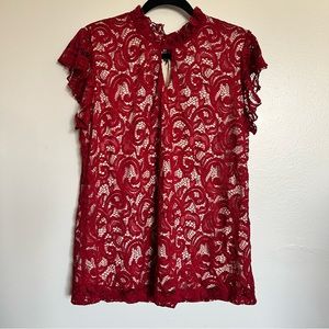 PerSeption Concept Red Lace High Neck Ruffle Sleeve Blouse